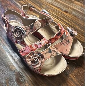 Spring Step L'Artiste Joelina Dazi Floral Leather Rose Wedge Sandals Size 37 Red